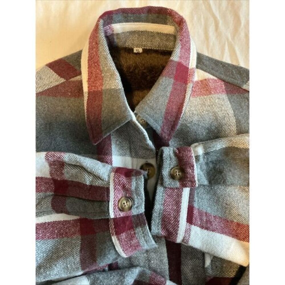 Unbranded Red Gray Plaid Sherpa Lined Flannel Shacket Red Womens Sz XL
